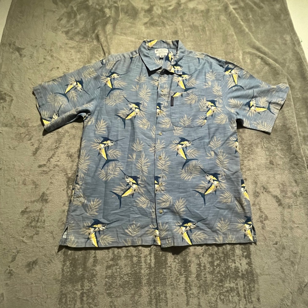 Columbia Button Down Shirt Mens L Blue Marlin Palm Print AM7775